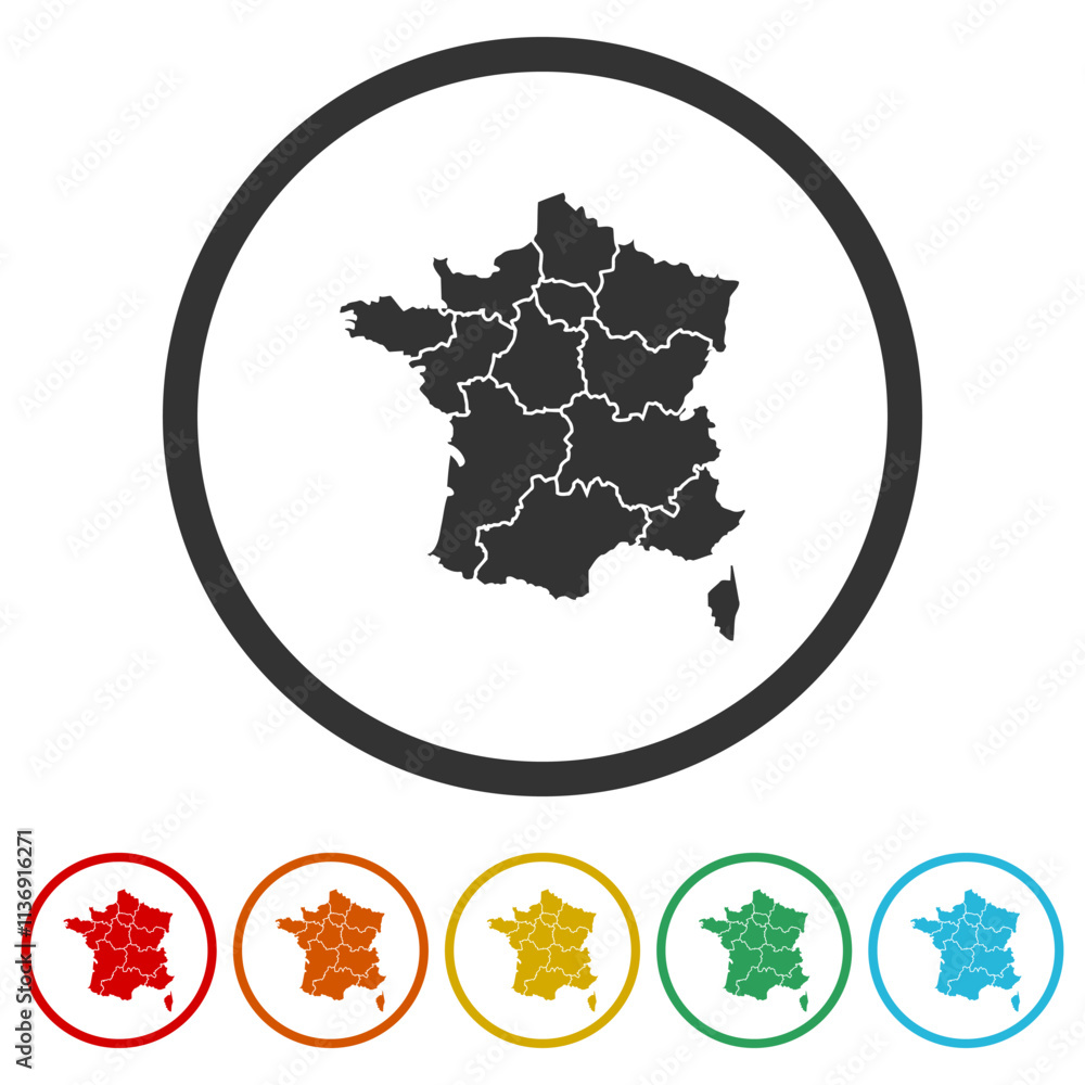 Poster map of france icon. set icons in color circle buttons