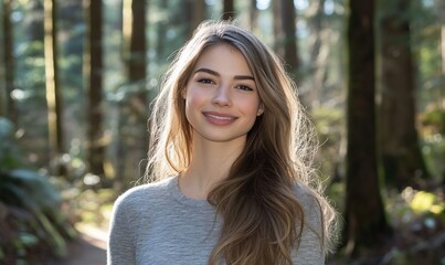 Smiling woman in a forest.