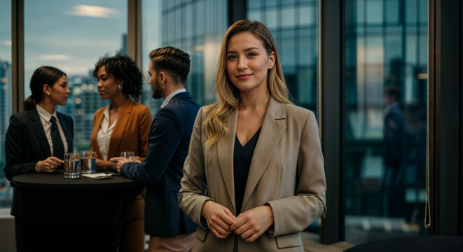 Successful businesswoman attending a corporate networking event with diverse colleagues in a modern office setting