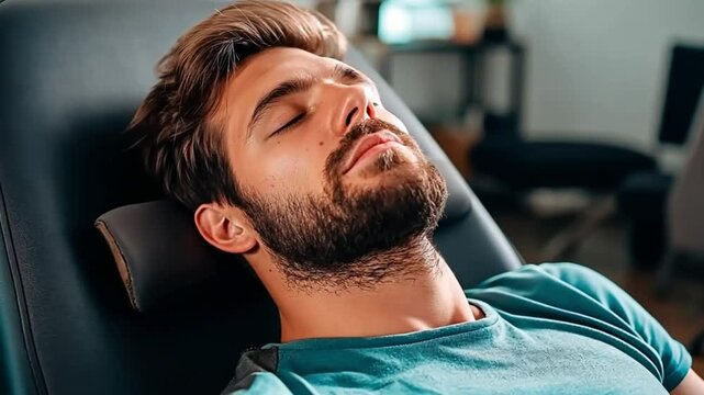 A young man with a beard resting in a reclining chair with his eyes closed. Concept of relaxation, stress relief, and peaceful moments.