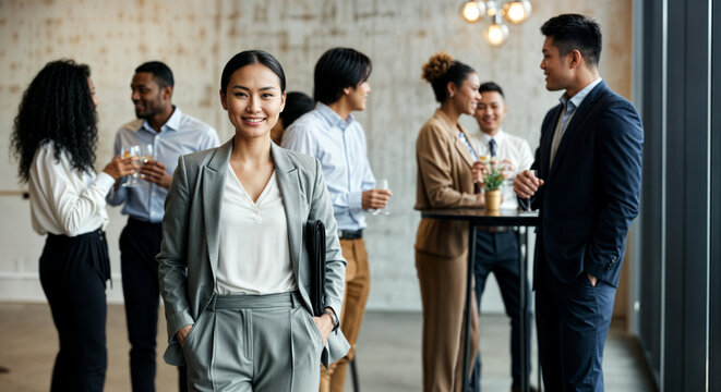Successful businesswoman attending a corporate networking event with diverse colleagues in a modern office setting