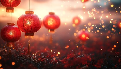Beautiful Group of Red Lanterns Glowing in Unison
