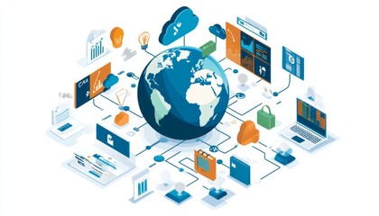 Isometric earth illustration showcasing cloud technology, big data, and global connectivity elements
