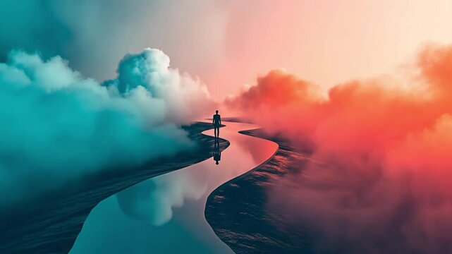 A surreal landscape with a lone person walking by vibrant blue and red clouds. Concept of dreamlike exploration, wonder, and ethereal beauty.