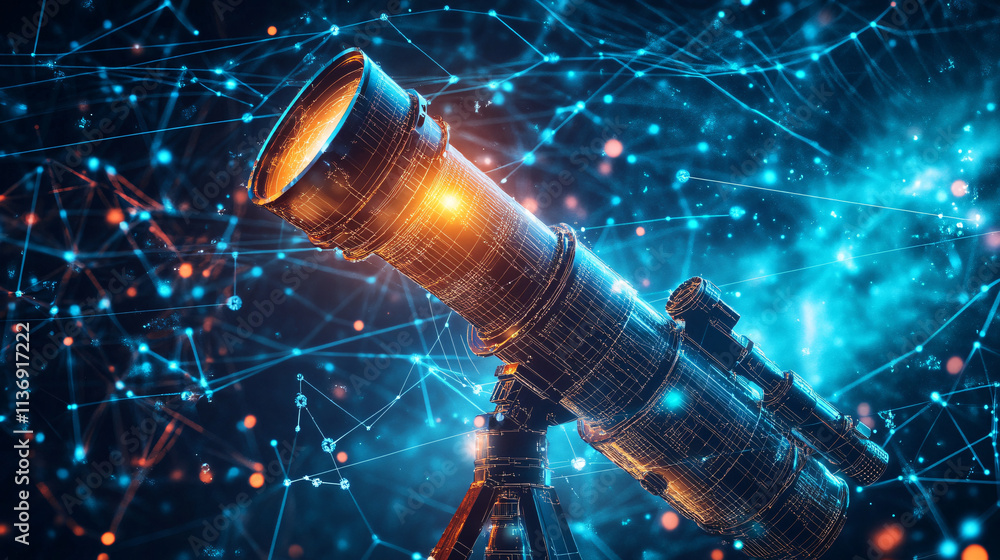 Aufkleber a glowing telescope icon surrounded by star charts and data streams, symbolizing online astronomy pl