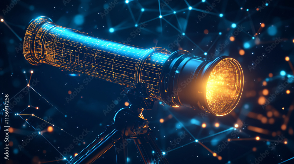 Poster a glowing telescope icon surrounded by star charts and data streams, symbolizing online astronomy pl