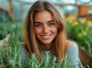 Girl with short hair and rosemary around, natural haircare products