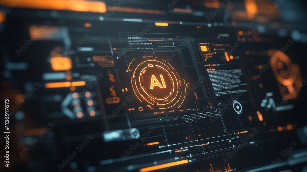 Poster futuristic digital interface showcasing ai company logo with dynamic visuals and icons