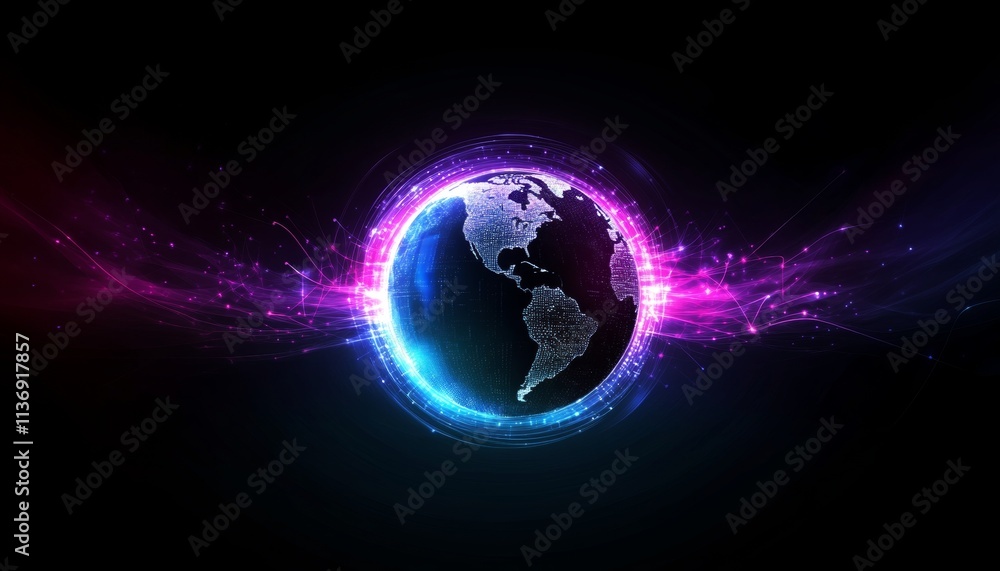 Aufkleber abstract digital earth with global connectivity and data transfer on dark gradient background