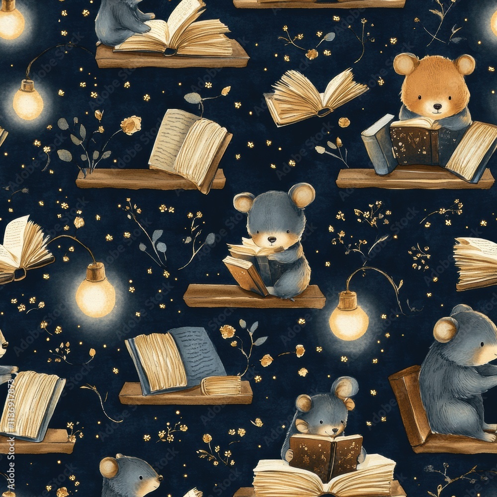 Poster charming bears read amid floating books and warm lights, creating a cozy and enchanting scene. gener