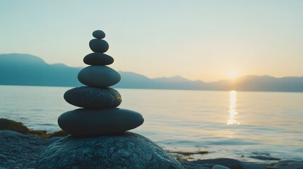 Balanced Stones at Sunset by a Calm Lake