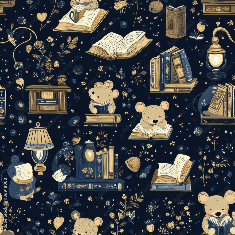 Aufkleber delightful bears engage with open books and quaint objects, creating a cozy atmosphere filled with i