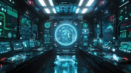 Obraz premium Futuristic control room with advanced technology and holographic displays.