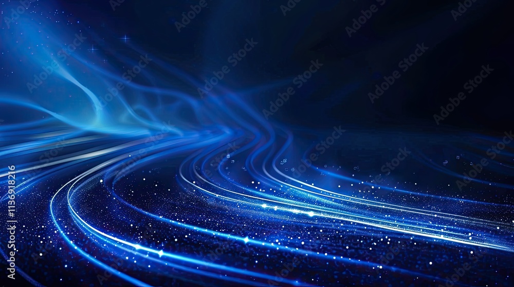 Poster a vibrant blue abstract background with flowing lines and sparkling particles.