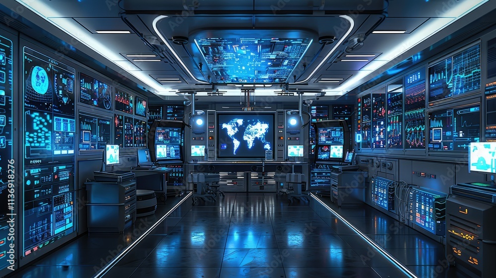 Poster futuristic control room with digital displays and global maps for monitoring and analysis.