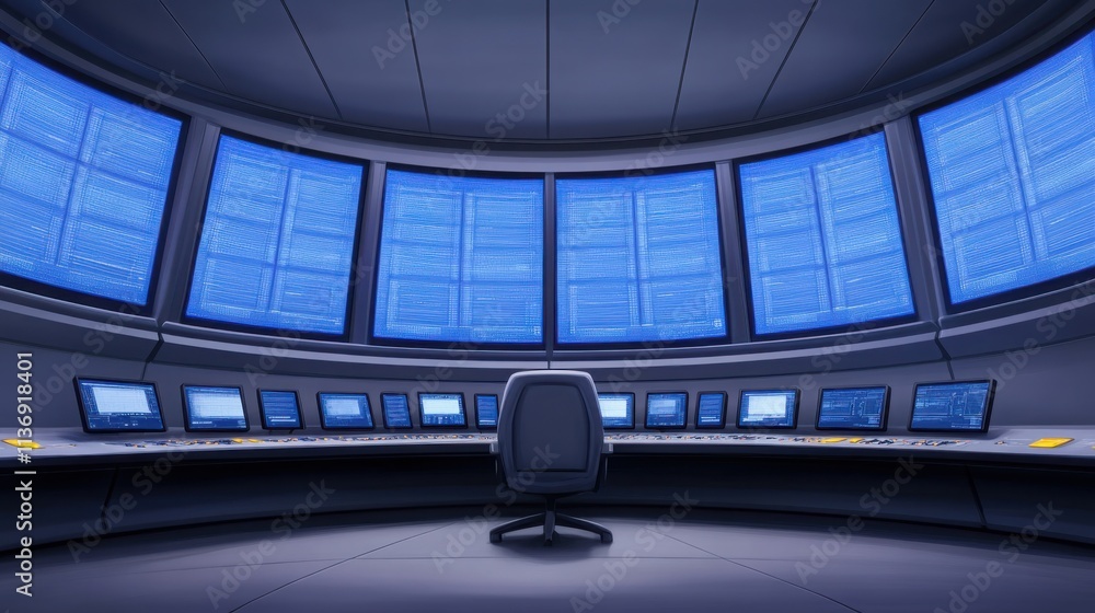 Poster engineers in a control room monitoring energy grid data on multiple digital screens