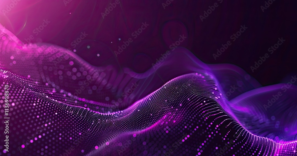 Poster abstract digital waves with purple tones and glowing particles, creating a dynamic visual effect.