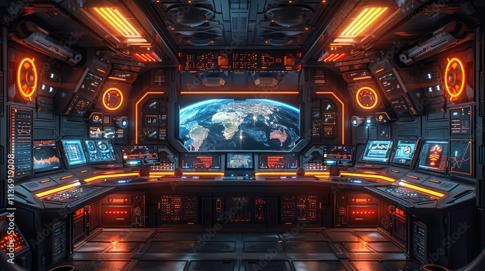 Poster futuristic control room with screens displaying earth and data analytics.