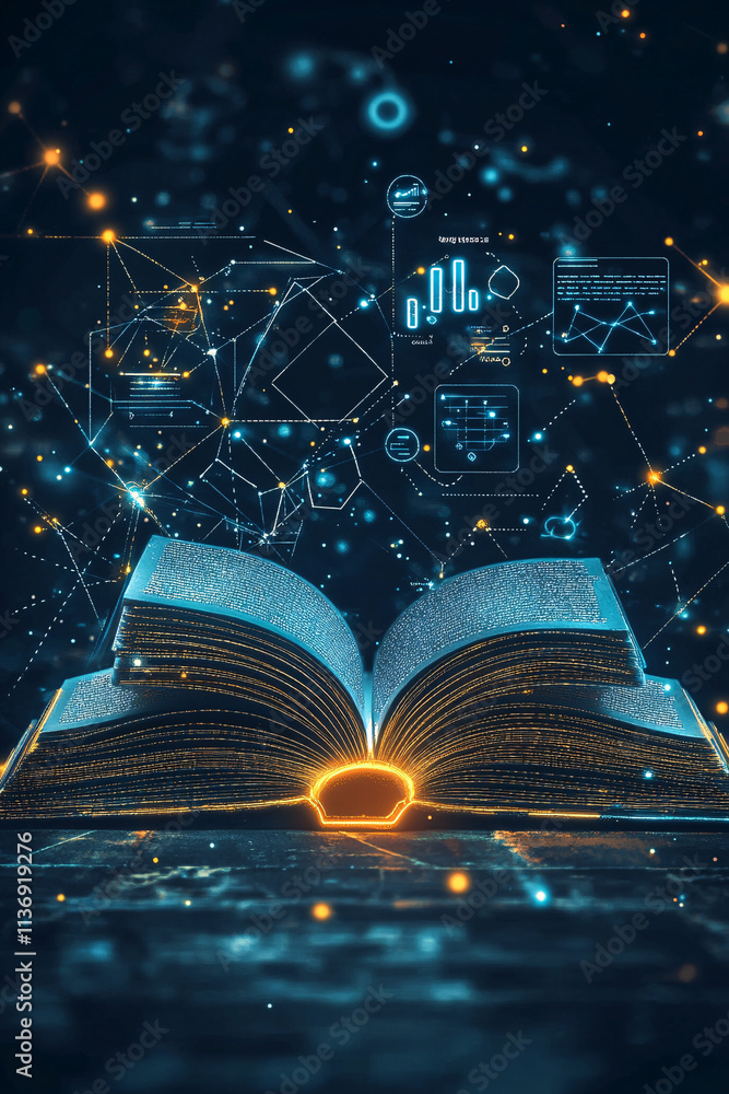 Poster a stylized book icon made of glowing lines, with floating data charts and icons representing online 