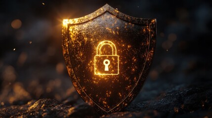 A glowing shield with a lock emblem, symbolizing strong digital protection and security. The warm light against a dark background creates a powerful image.