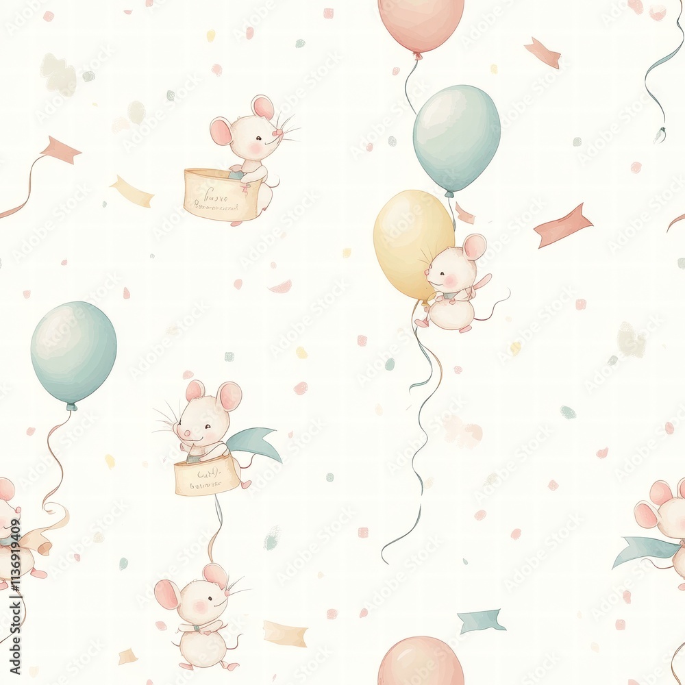Aufkleber delightful mice float with balloons amidst festive confetti, creating a cheerful and playful atmosph