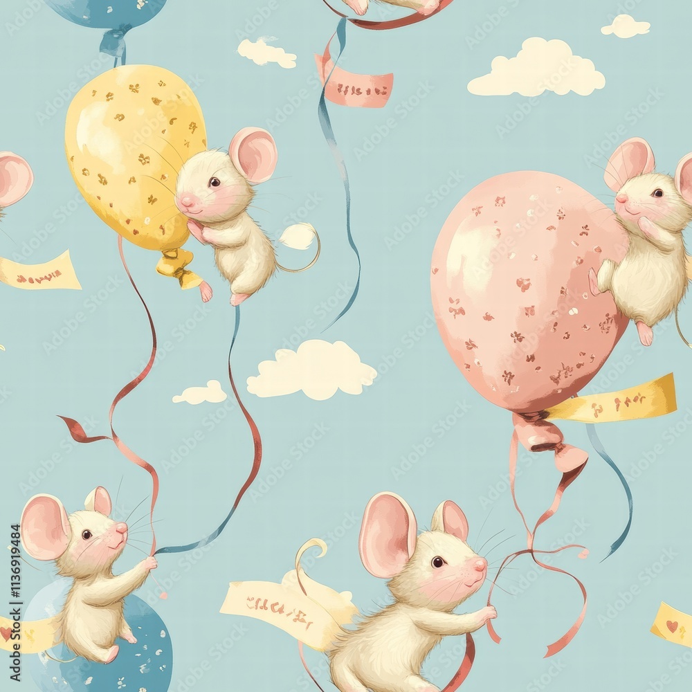Aufkleber whimsical mice hold colorful balloons as they float among fluffy clouds, creating a lighthearted and
