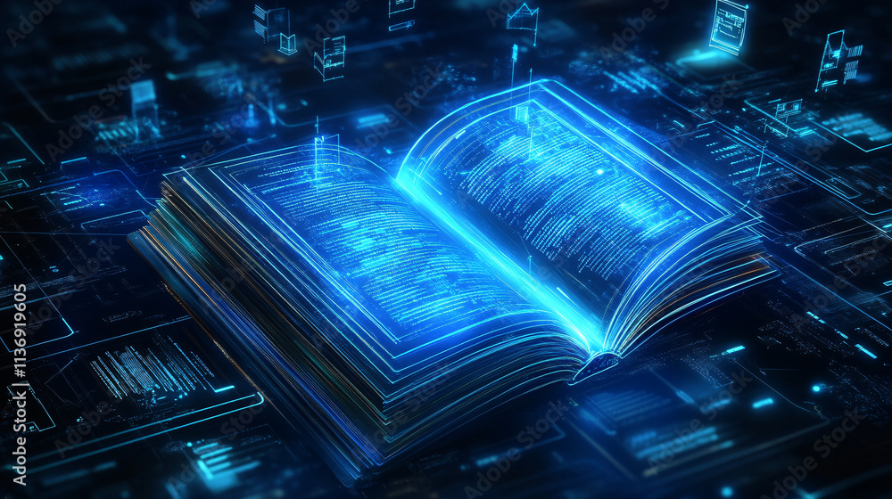 Poster a stylized book icon made of glowing lines, with floating data charts and icons representing online 