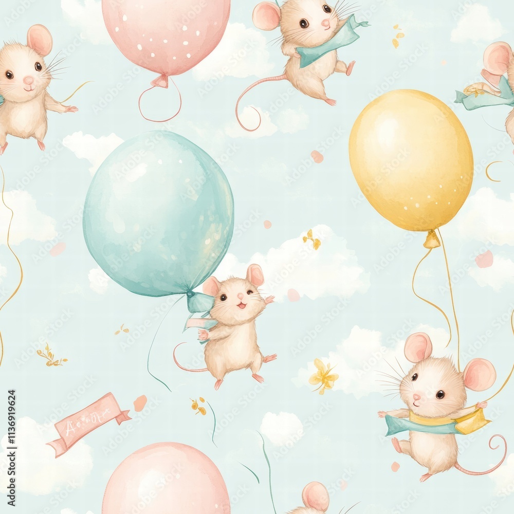 Poster delightful pattern features cheerful mice floating with balloons against a soft, dreamy sky, evoking
