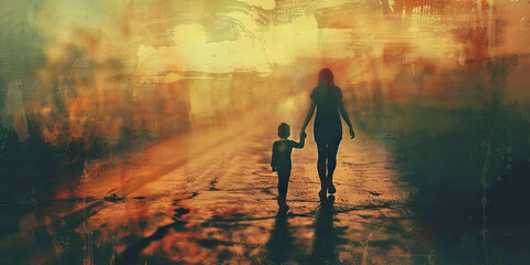 Fototapeta premium Silhouette of Adult and Child Walking on Path