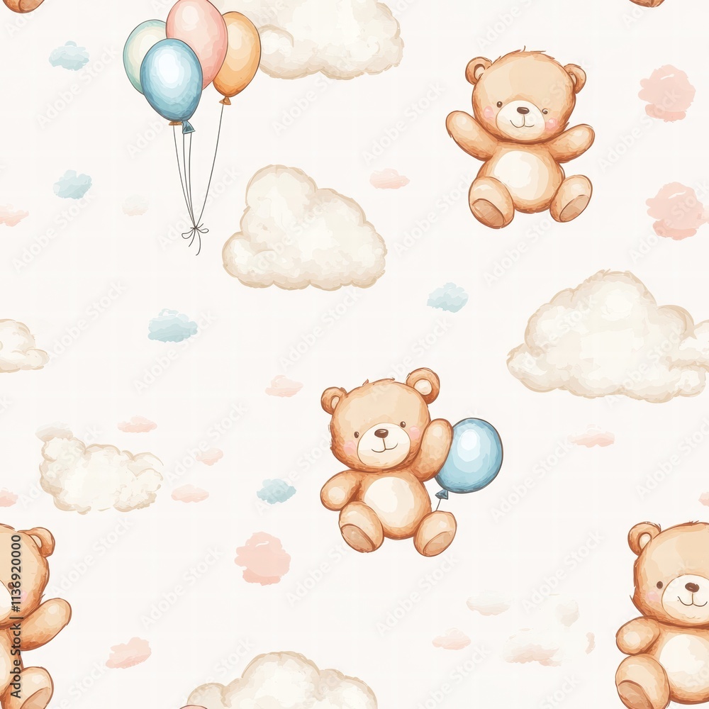 Poster delightful teddy bears float joyfully with balloons surrounded by soft, pastel clouds, creating a pl
