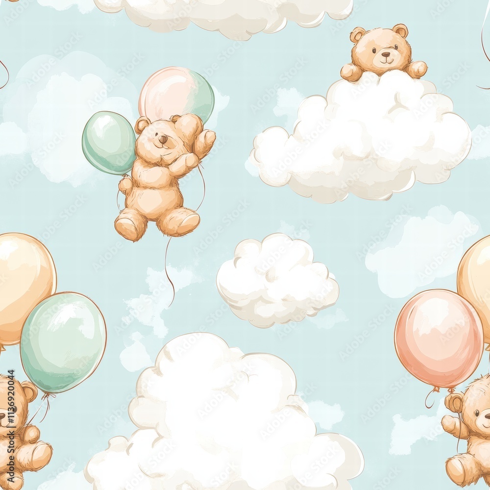 Poster whimsical bears float joyfully with pastel balloons against a serene sky backdrop, creating a charmi