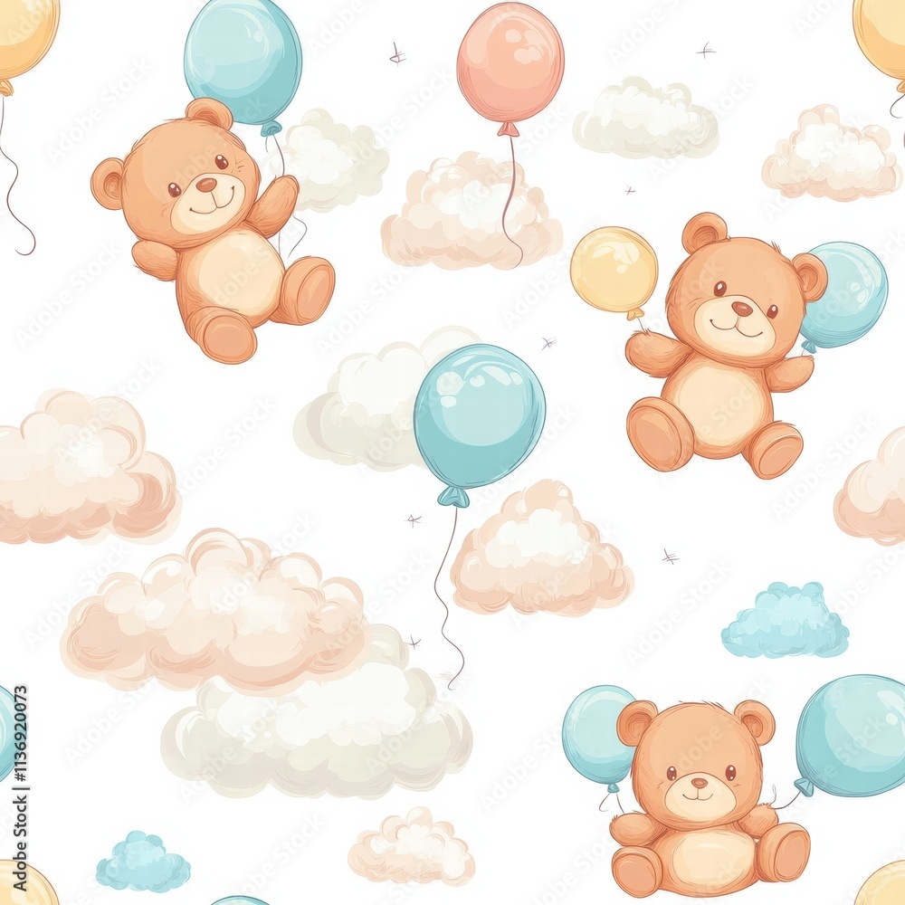 Aufkleber whimsical bears joyfully clutch balloons while floating among soft clouds, creating a delightful and
