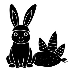 Bunny wearing a Santa hat beside a pile of carrots