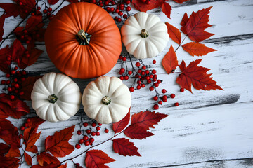Fototapeta premium Autumn still life featuring pumpkins, red berries, and vibrant fall leaves arranged on a rustic white wooden background. Perfect for Thanksgiving or fall-themed designs.