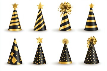 Festive party hats with gold and black stripes, dots, and stars for birthday celebrations