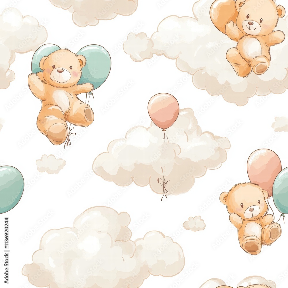 Aufkleber charming bears hold pastel balloons, gently drifting through a sky filled with soft clouds, creating