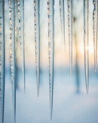 A vibrant display of icy blue icicles hanging in winter sunlight