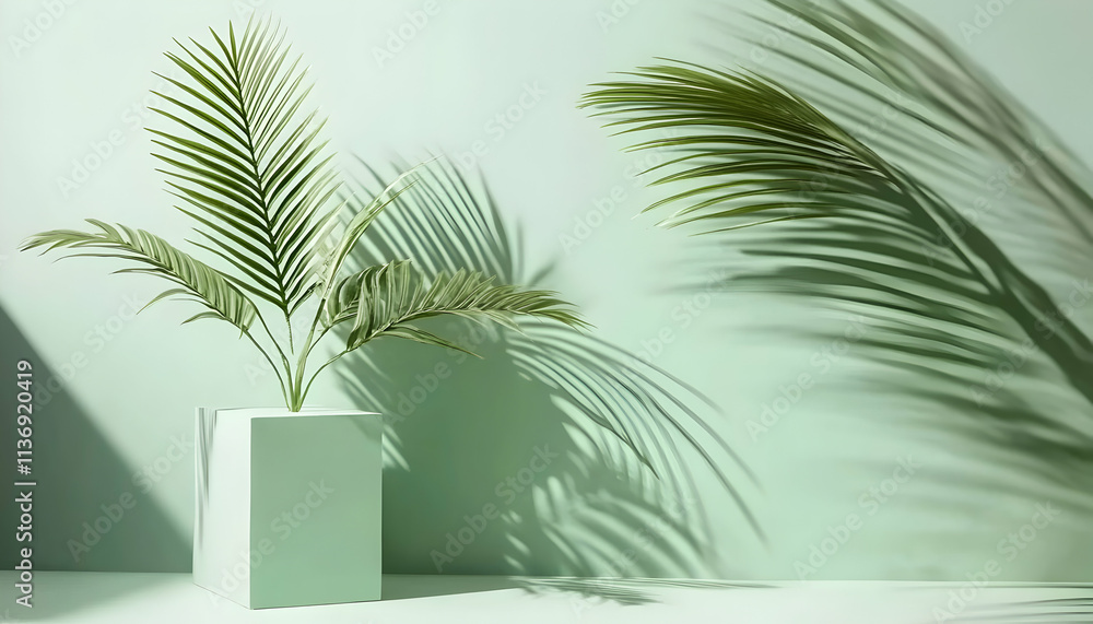 Poster serene palm leaves cast shadows on a soft green background, creating a minimalist botanical scene pe
