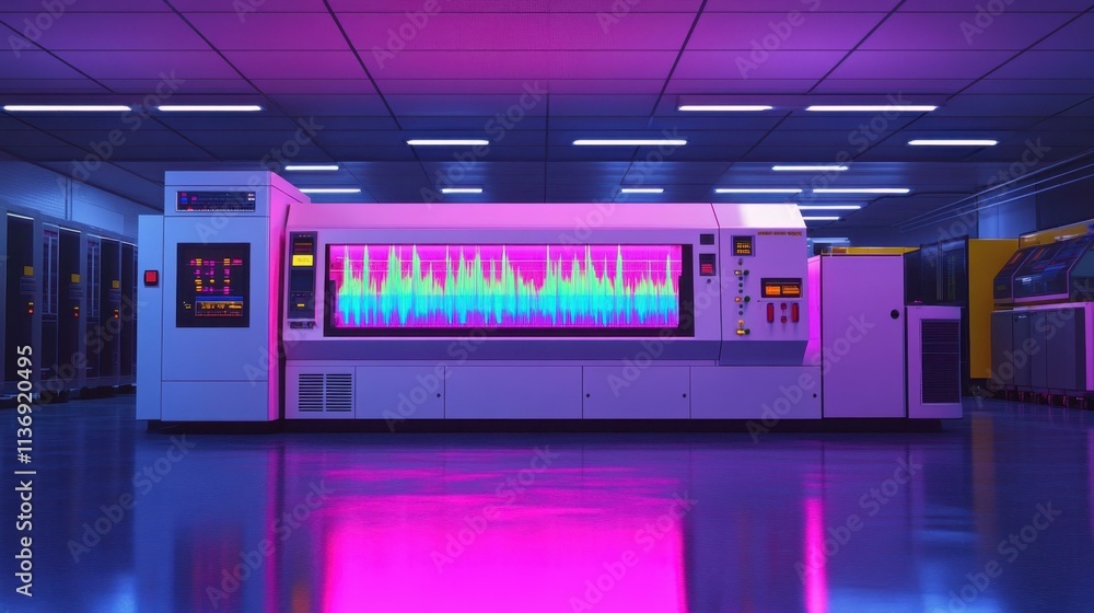 Poster modern industrial printing machine with colorful digital display operating in clean factory floor, t