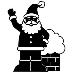 Cartoon Santa Claus waving beside a snow-covered chimney