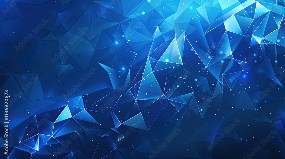 Poster abstract blue geometric background with triangular shapes and a starry effect.