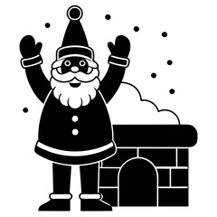 Cartoon Santa Claus waving beside a snow-covered chimney