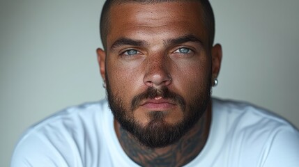 Close-up portrait of a serious man with blue eyes, a beard, and neck tattoos, wearing a white shirt.