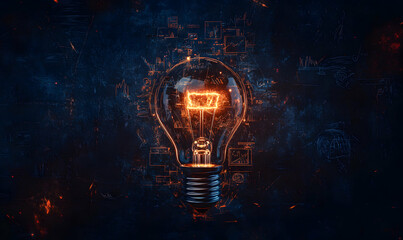 Glowing lightbulb on dark background with sketched graphs and charts, symbolizing innovation, ideas, and creative solutions.