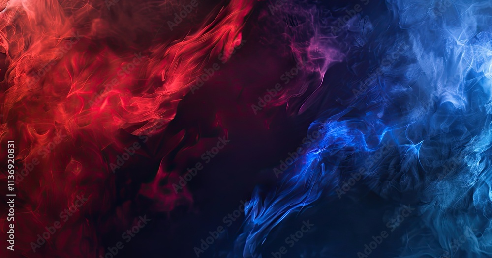 Poster abstract swirling smoke in red and blue tones, creating a dynamic visual effect.