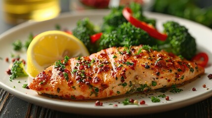 Grilled fish fillet served with broccoli and lemon on a plate.