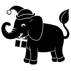 Elephant wearing a Santa hat holding a gift with its trunk
