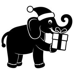 Elephant wearing a Santa hat holding a gift with its trunk