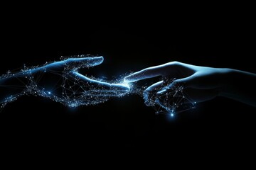 Robot and human hands connect on customer support network, showcasing automation and ai efficiency