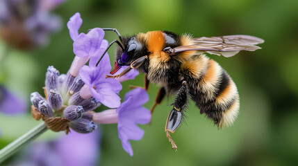 A bumblebee hovering over a lavender flower, its fuzzy body highlighted by soft light